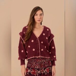 Farm Rio NWT Burgundy Crochet Womens Floral Knit Cardigan Size Small Boho Chic